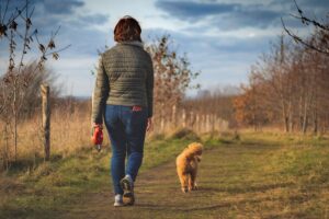 woman-walking-dog-in-countryside