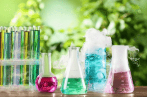 bottles of different coloured chemicals